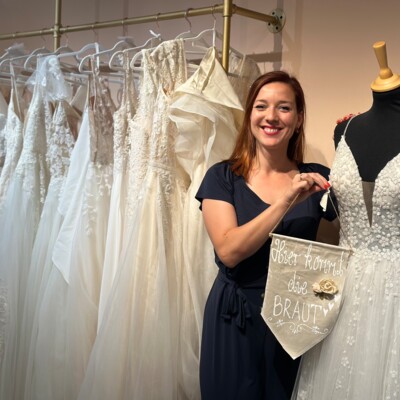 Owner Anne-Carin Heit in her second-hand bridal store Wertvoll in Karlsruhe city center